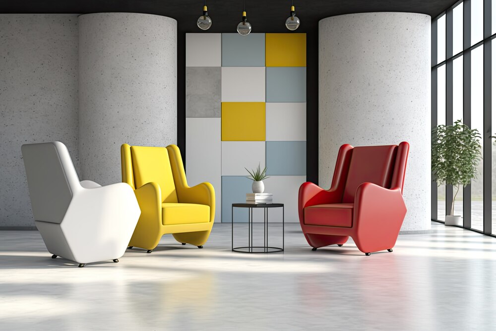 Espacio moderno con sillones de colores vivos y una decoración minimalista que combina diseño audaz y luminosidad natural.